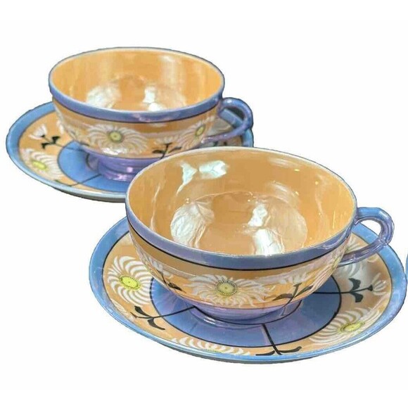 Vintage Japanese Lusterware 4 Teacups and 6 Saucers Set Iridescent Hand Painted - Picture 16 of 16